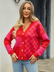 Plaid V-Neck Dropped Shoulder Cardigan - Flyclothing LLC