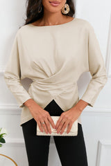 Boat Neck Back Tie Long Sleeve Satin Blouse - Flyclothing LLC