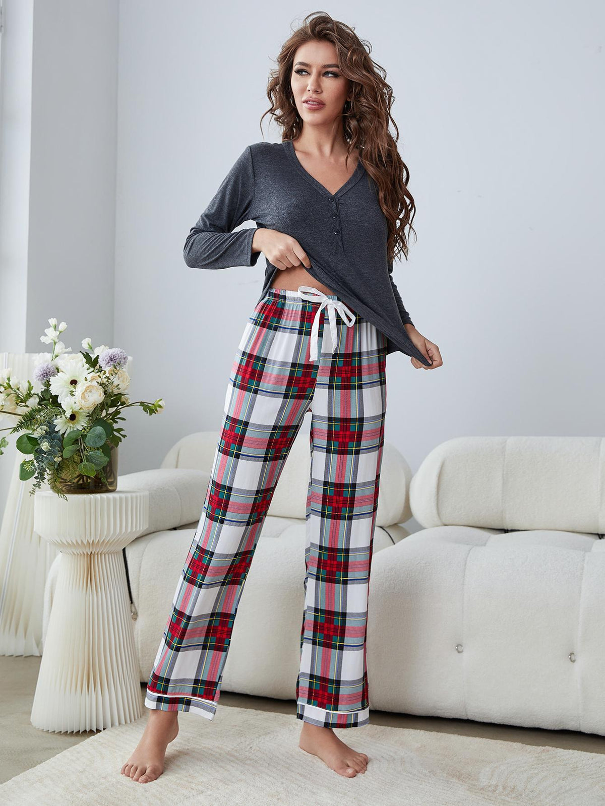 Buttoned Long Sleeve Top and Plaid Pants Lounge Set - Flyclothing LLC