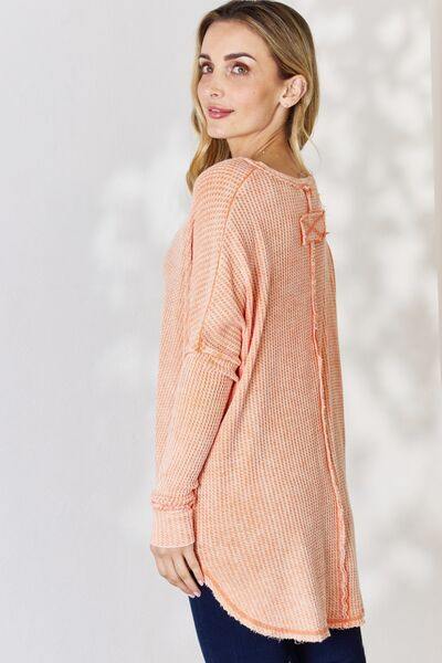 Zenana Oversized Washed Waffle Long Sleeve Top - Flyclothing LLC