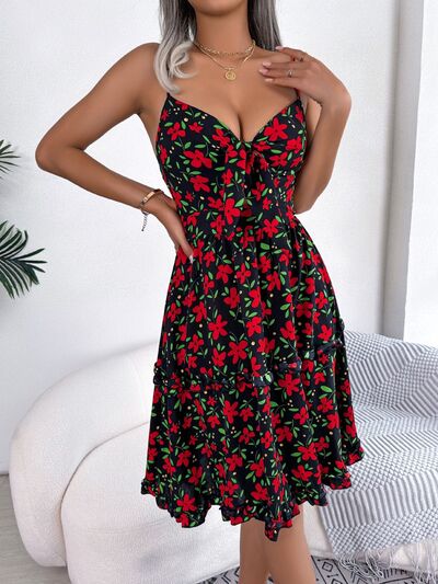 Printed Plunge Cap Sleeve Cami Dress - Flyclothing LLC