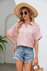 Half Button Johnny Collar Blouse - Flyclothing LLC