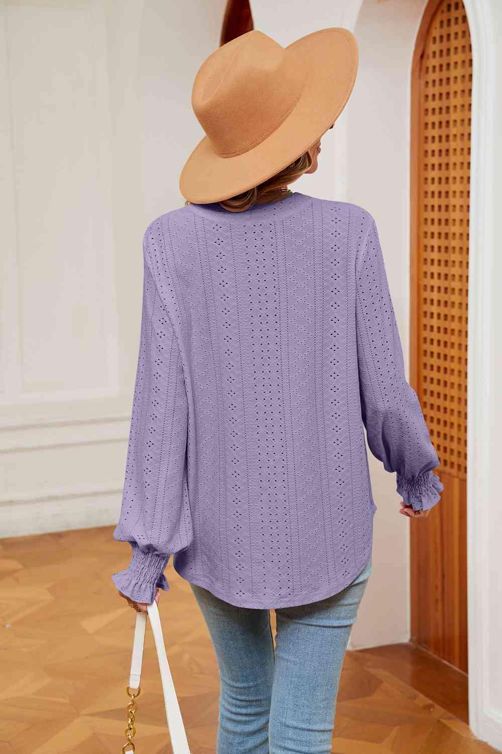 Notched Neck Flounce Sleeve Blouse - Flyclothing LLC