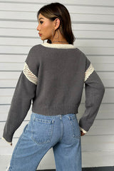 Contrast Openwork Long Sleeve V-Neck Sweater - Flyclothing LLC