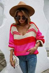 Color Block Scoop Neck Dropped Shoulder Sweater - Trendsi