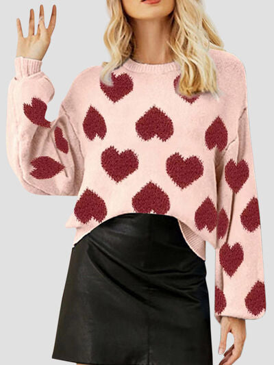 Heart Round Neck Dropped Shoulder Sweater - Flyclothing LLC