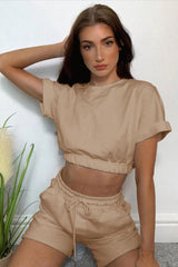 Short Sleeve Cropped Top and Drawstring Shorts Lounge Set - Flyclothing LLC