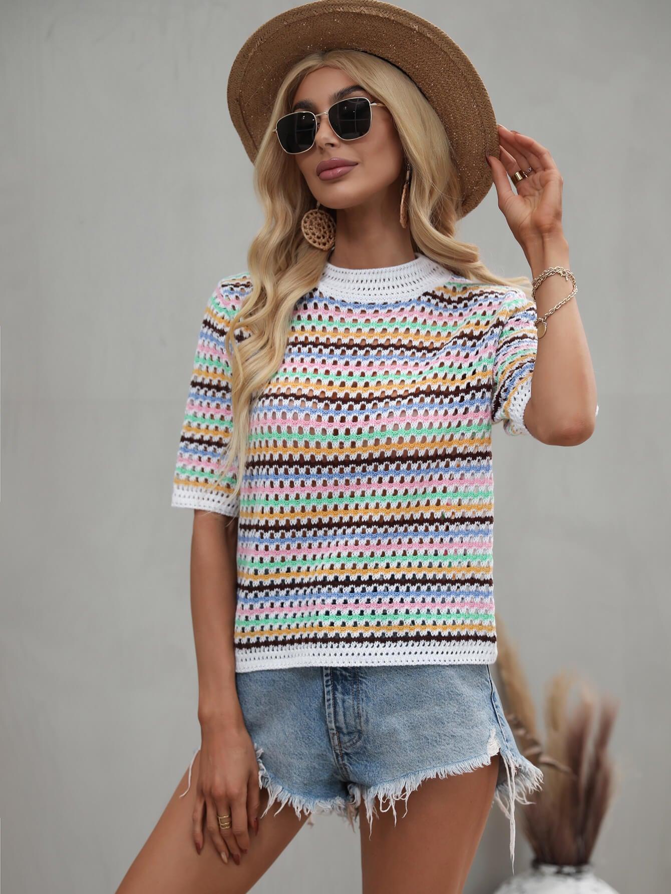 Striped Openwork Half Sleeve Knit Top - Flyclothing LLC