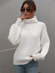 High Neck Balloon Sleeve Rib-Knit Pullover Sweater - Flyclothing LLC