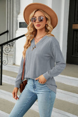 Decorative Button V-Neck Long Sleeve T-Shirt - Flyclothing LLC