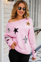 Star Pattern Round Neck Dropped Shoulder Sweater - Flyclothing LLC