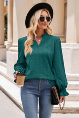 Notched Neck Flounce Sleeve Blouse - Flyclothing LLC