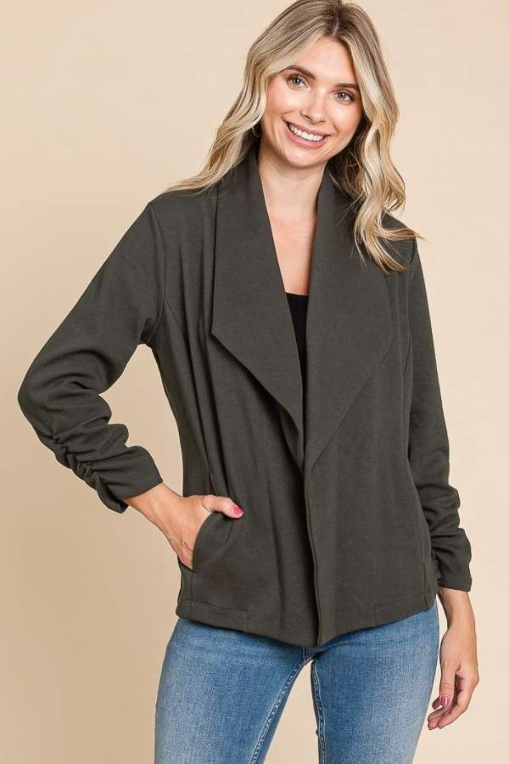 Culture Code Full Size Ruched Open Front Long Sleeve Jacket - Flyclothing LLC