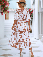 Printed Surplice Balloon Sleeve Dress - Flyclothing LLC