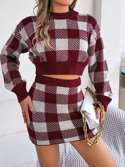 Plaid Round Neck Top and Skirt Sweater Set - Flyclothing LLC