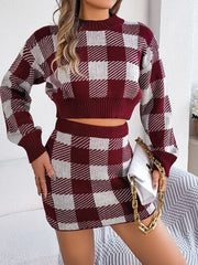 Plaid Round Neck Top and Skirt Sweater Set - Flyclothing LLC