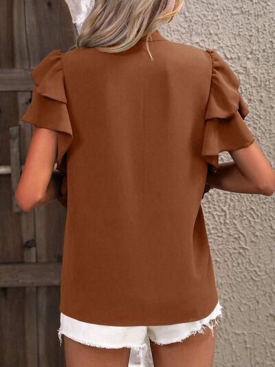 Ruffled Notched Short Sleeve Blouse - Flyclothing LLC