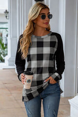 Plaid Round Neck Long Sleeve T-Shirt - Flyclothing LLC