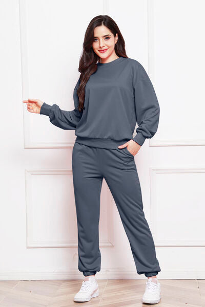 Round Neck Long Sleeve Sweatshirt and Pants Set - Flyclothing LLC