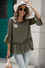 Frill Trim Round Neck Blouse - Flyclothing LLC