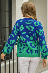 Leopard Round Neck Dropped Shoulder Sweater - Trendsi