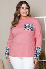 Plus Size Leopard Round Neck Long Sleeve T-Shirt - Flyclothing LLC