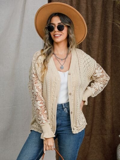 Eyelet Button Up Lantern Sleeve Cardigan - Trendsi