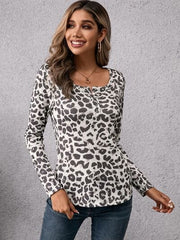 Leopard Quarter Snap Long Sleeve Blouse - Trendsi