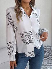 Letter Printed Button Up Long Sleeve Blouse - Flyclothing LLC