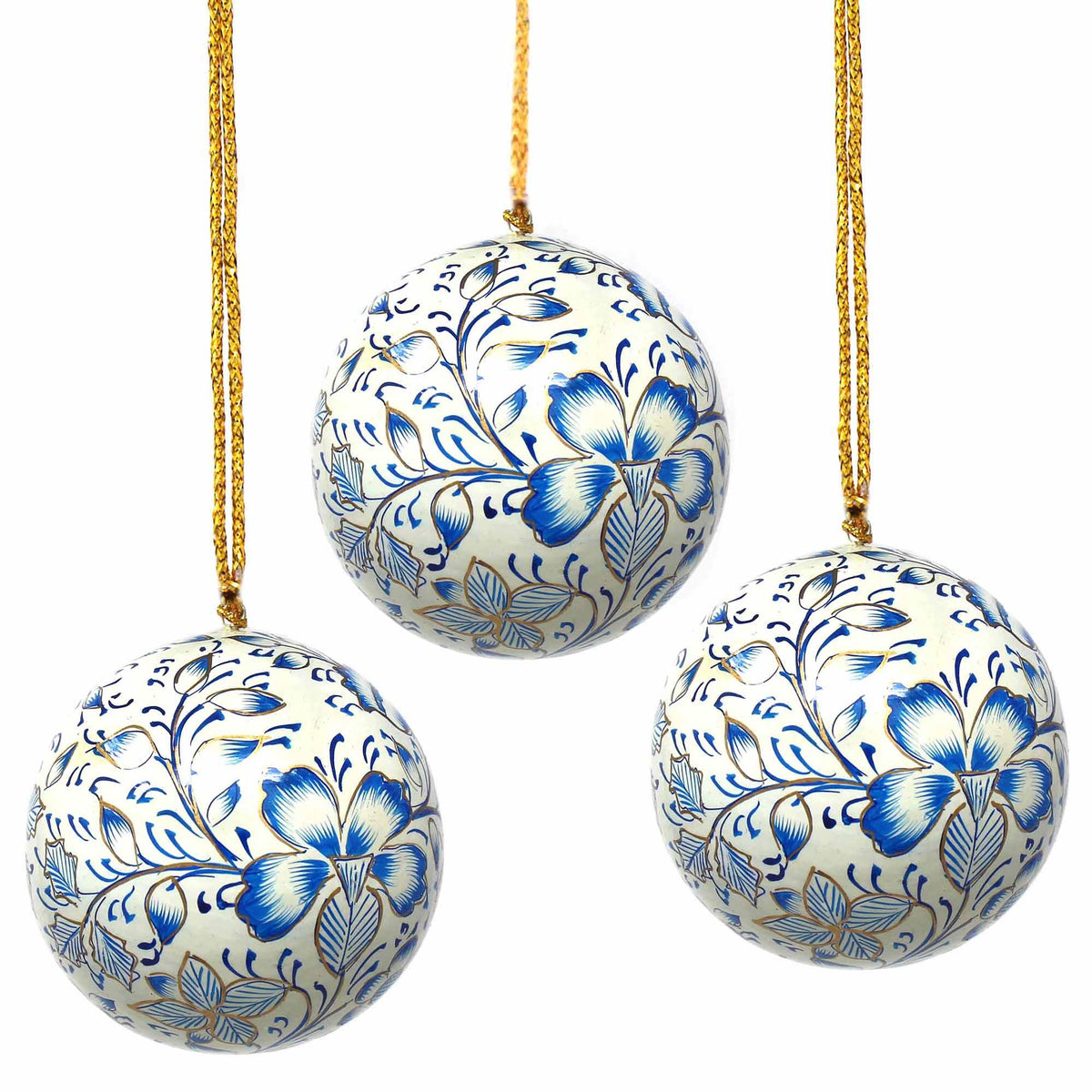 Handpainted Ornaments, Blue Floral - Pack of 3 - Flyclothing LLC