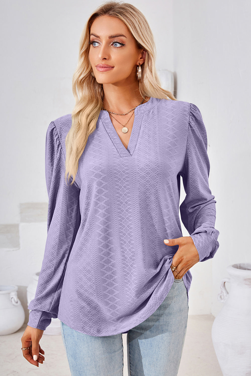 Ruched Notched Long Sleeve T-Shirt - Flyclothing LLC