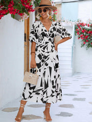 Printed Surplice Balloon Sleeve Dress - Flyclothing LLC