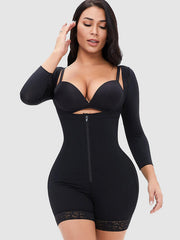 Full Size Zip Up Lace Detail Long Sleeve Shapewear - Flyclothing LLC