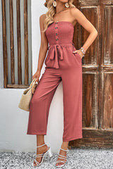 Decorative Button Strapless Smocked Jumpsuit with Pockets - Flyclothing LLC