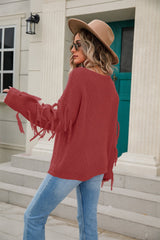 Ribbed Round Neck Fringe Detail Sweater - Flyclothing LLC