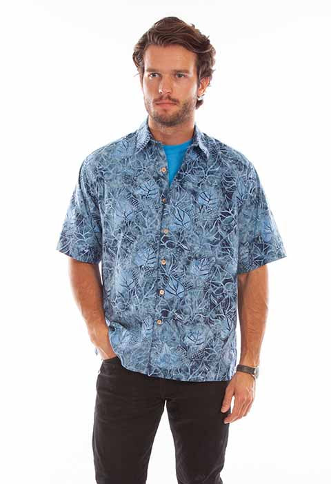 Scully Leather Farthest Point Blue Batik Leaves Shirt