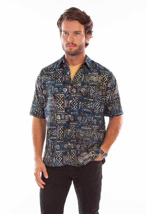 Scully Leather Farthest Point Navy Batik Tribal Pattern Shirt