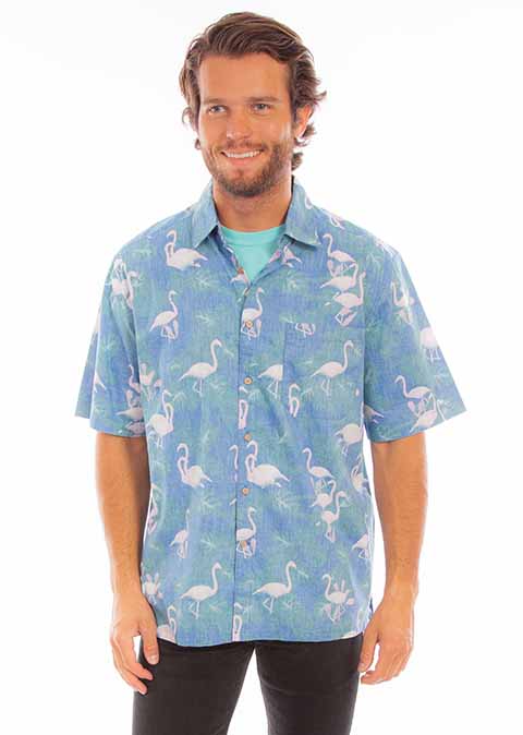 Scully Leather Farthest Point Capri Blue Hawaiian Flamingos & Leaves