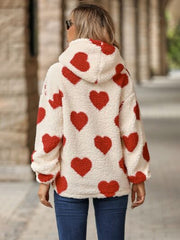 Fuzzy Heart Pocketed Dropped Shoulder Hoodie - Flyclothing LLC