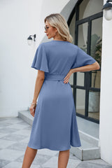 Tie Waist Flutter Sleeve Surplice Dress - Flyclothing LLC