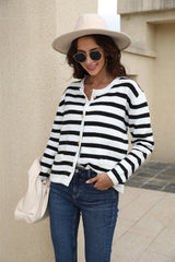 Striped Round Neck Button-Down Dropped Shoulder Cardigan - Flyclothing LLC