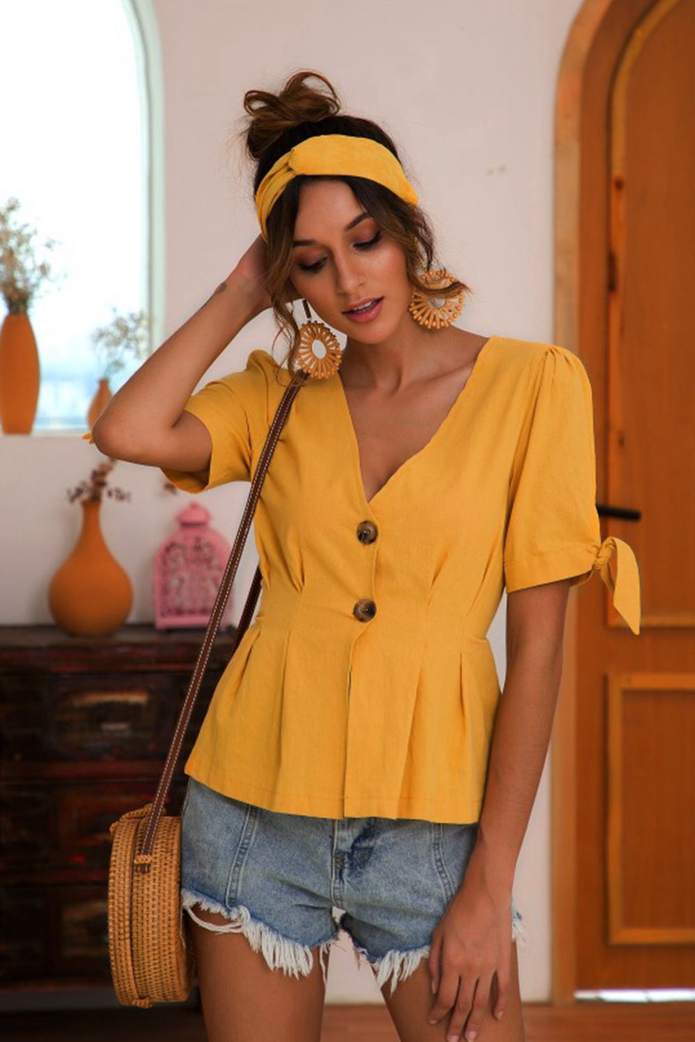 Buttoned V-Neck Short Sleeve Blouse - Flyclothing LLC