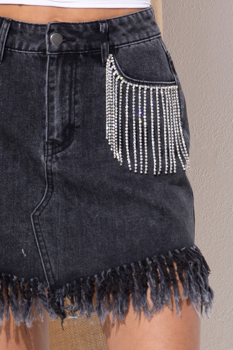 Black fringe denim skirt sale