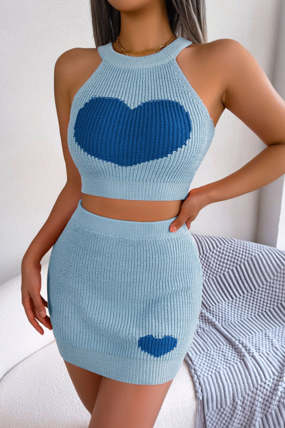 Heart Contrast Ribbed Sleeveless Knit Top and Skirt Set - Flyclothing LLC