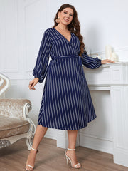 Plus Size Striped Surplice Neck Long Sleeve Dress - Flyclothing LLC