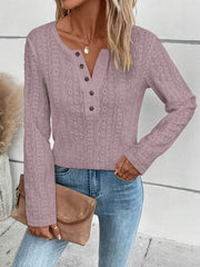 Openwork Half Button Long Sleeve Blouse - Flyclothing LLC