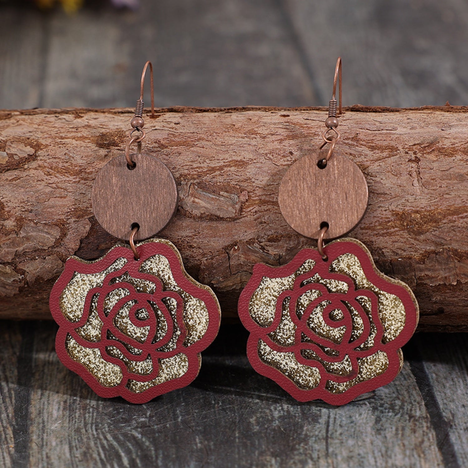 Wooden Alloy Rose Shape Dangle Earrings - Flyclothing LLC