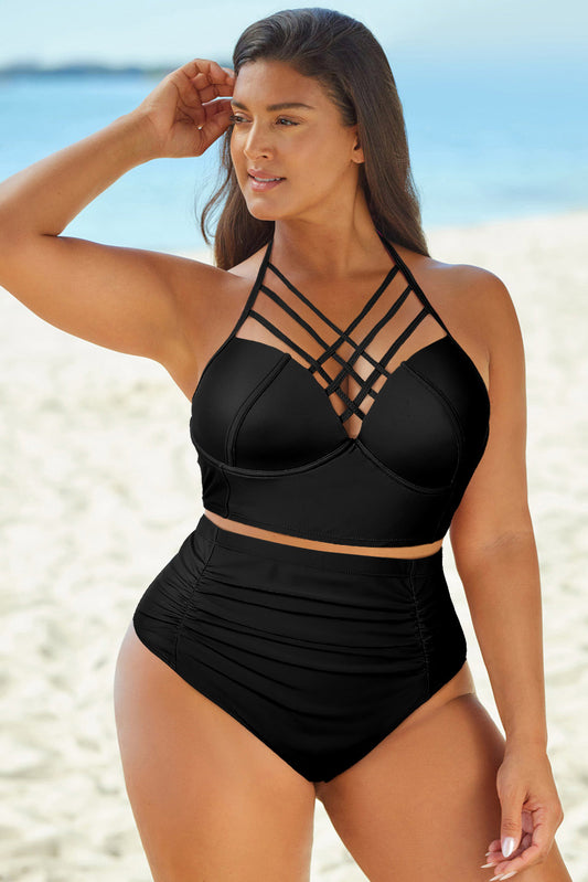 Halter Neck Crisscross Ruched Two-Piece Swimsuit - Flyclothing LLC