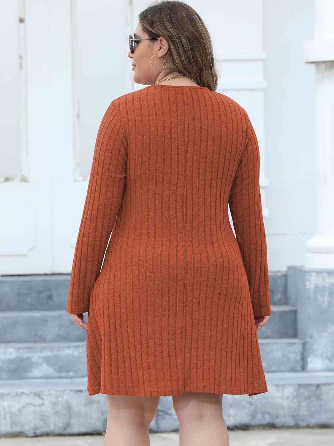 Plus Size Ribbed Buttoned V-Neck Long Sleeve Dress - Flyclothing LLC