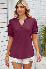 Notched Ruched Short Sleeve T-Shirt - Flyclothing LLC